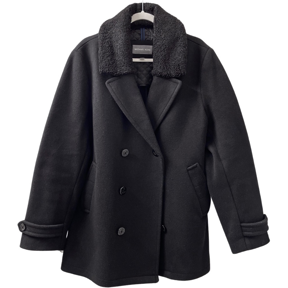 Michael Kors Black Wool Sherpa Collar Pea Coat